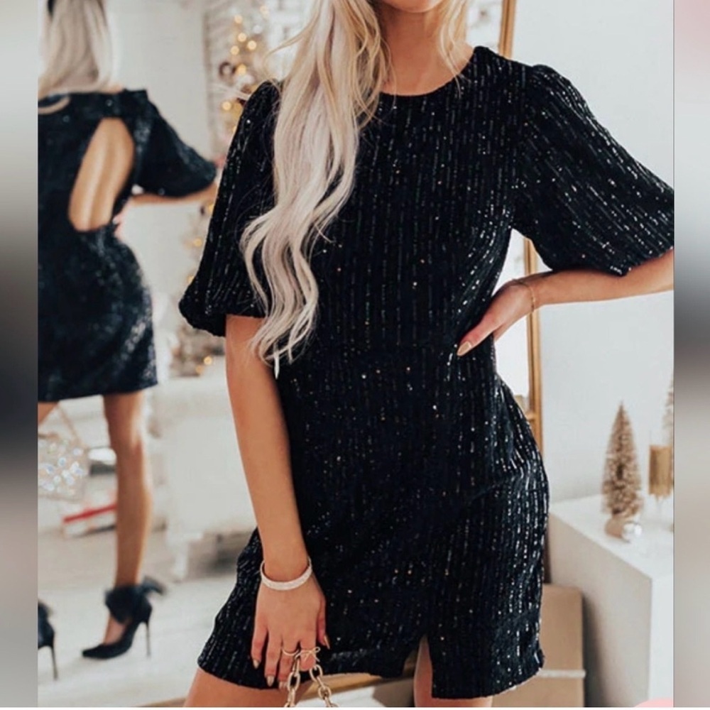 NWT ENTRO black sequins backless bow mini dress size large lbd date night formal